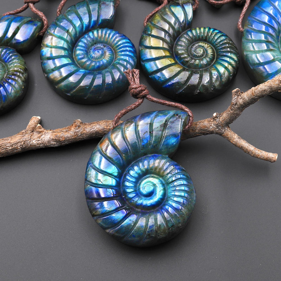 Hand Carved Natural Blue Green Golden Labradorite Ammonite Pendant Side Drilled Gemstone Focal Bead