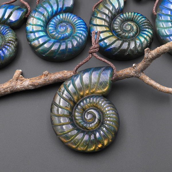 Hand Carved Natural Blue Green Golden Labradorite Ammonite Pendant Side Drilled Gemstone Focal Bead A3