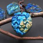 Hand Carved Natural Blue Golden Labradorite Lion Face Head Pendant Side Drilled Gemstone Focal Bead