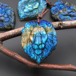 Hand Carved Natural Blue Golden Labradorite Lion Face Head Pendant Side Drilled Gemstone Focal Bead