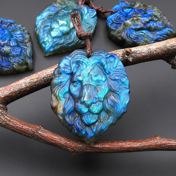 Hand Carved Natural Blue Golden Labradorite Lion Face Head Pendant Side Drilled Gemstone Focal Bead A5