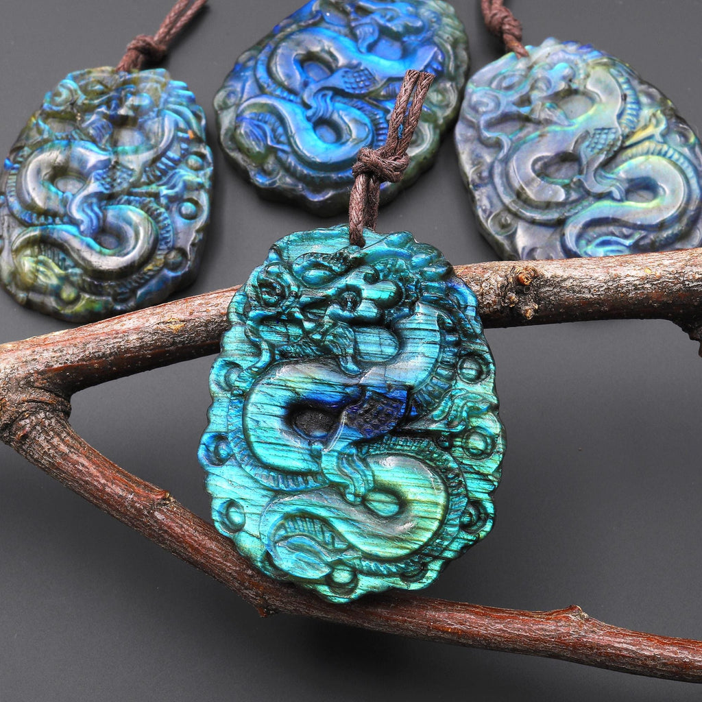 AAA Hand Carved Natural Golden Blue Green Labradorite Dragon Pendant Gemstone Focal Bead A7