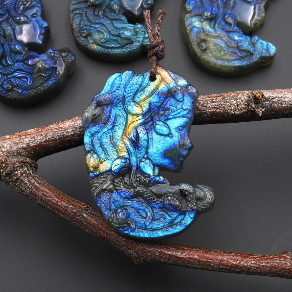AAA Hand Carved Natural Golden Blue Labradorite Medusa Snake Goddess Pendant Gemstone Focal Bead A3