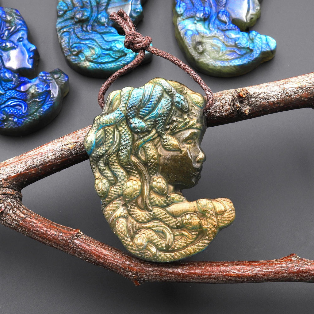 AAA Hand Carved Natural Golden Labradorite Medusa Snake Goddess Pendant Gemstone Focal Bead A7