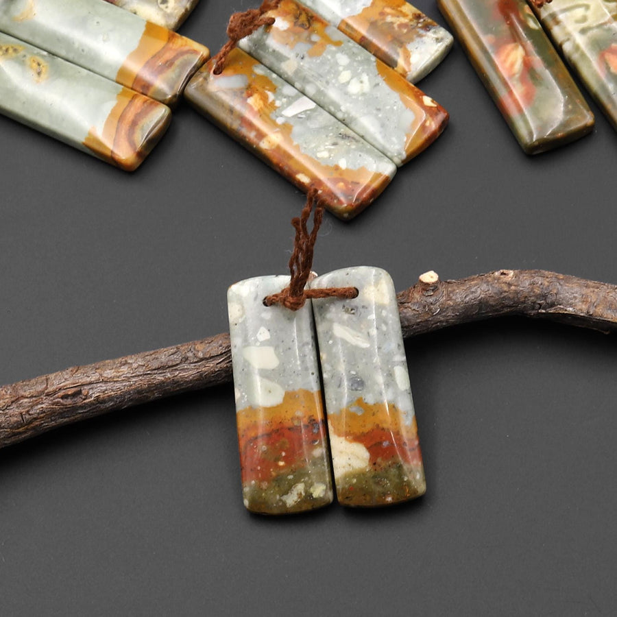 From Oregon Natural Owyhee Picture Jasper Short Rectangle Earrings Drilled Matched Gemstone Beads Pair A1