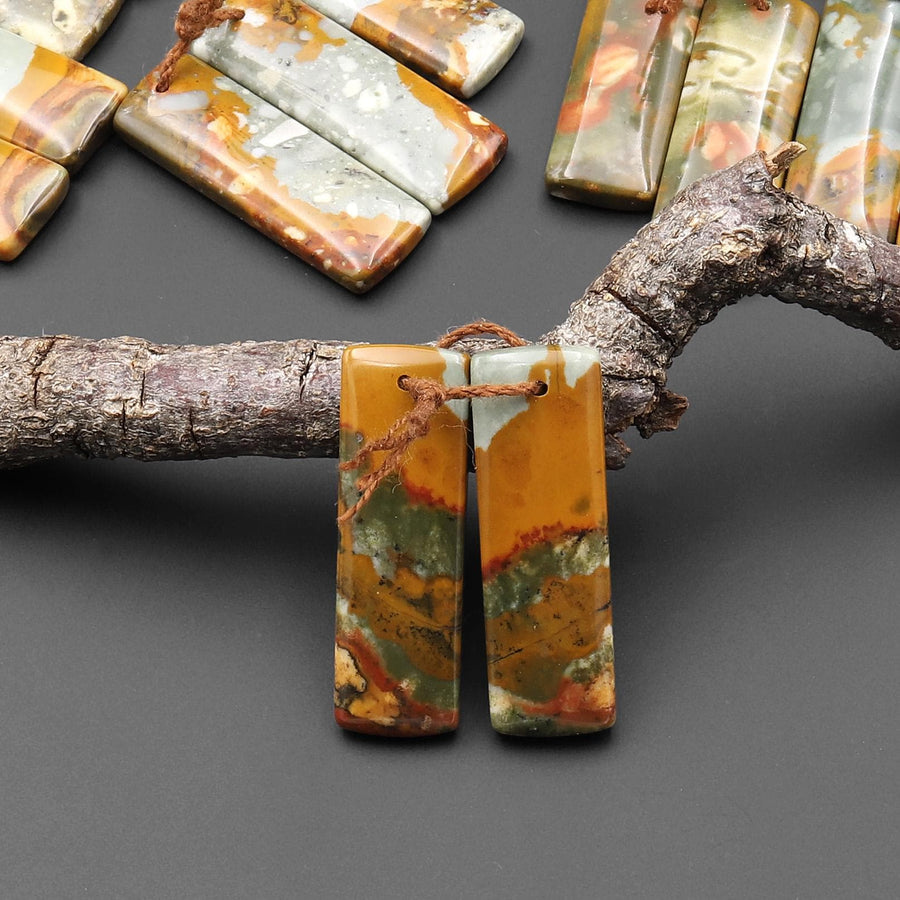 From Oregon Natural Owyhee Picture Jasper Short Rectangle Earrings Drilled Matched Gemstone Beads Pair