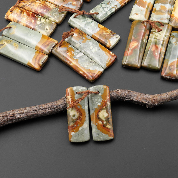 From Oregon Natural Owyhee Picture Jasper Short Rectangle Earrings Drilled Matched Gemstone Beads Pair A3