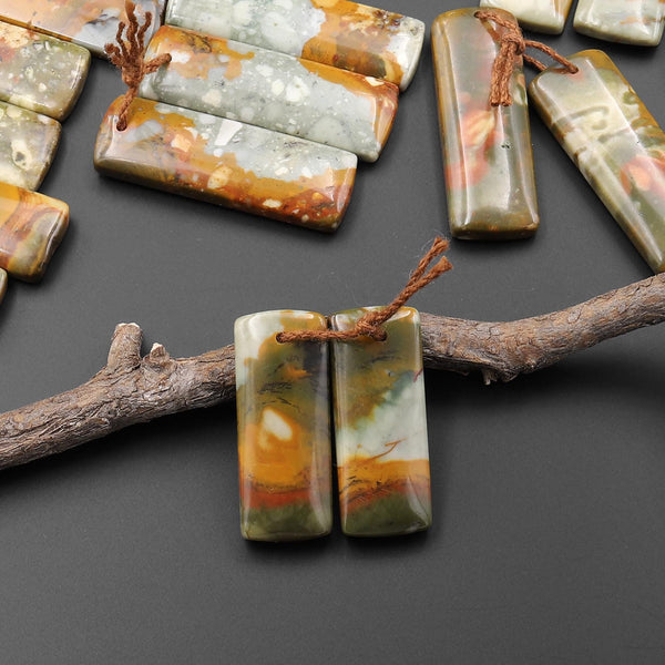 From Oregon Natural Owyhee Picture Jasper Short Rectangle Earrings Drilled Matched Gemstone Beads Pair A4