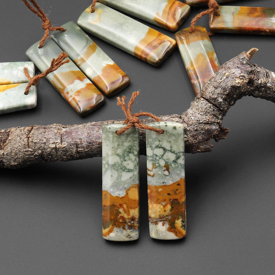 From Oregon Natural Owyhee Picture Jasper Short Rectangle Earrings Drilled Matched Gemstone Beads Pair