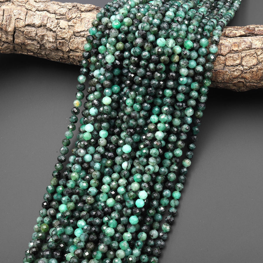 Real Genuine Natural Dark Green Emerald Faceted 5mm Round Gemstone Beads 15.5" Strand