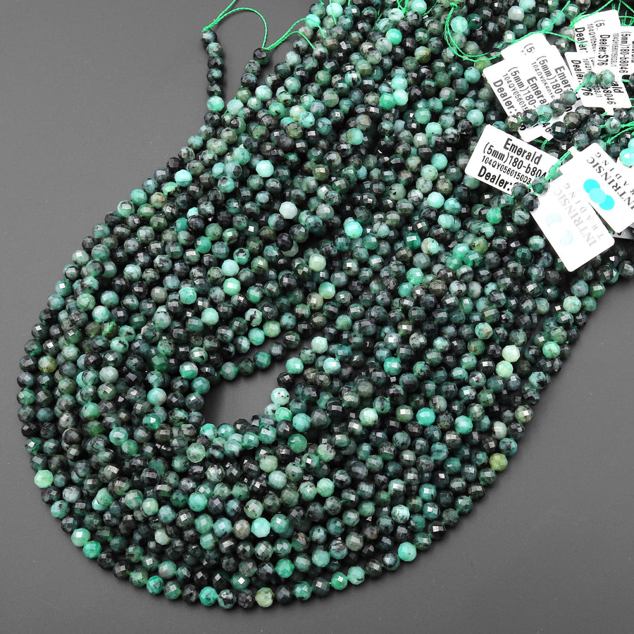 Real Genuine Natural Dark Green Emerald Faceted 5mm Round Gemstone Beads 15.5" Strand