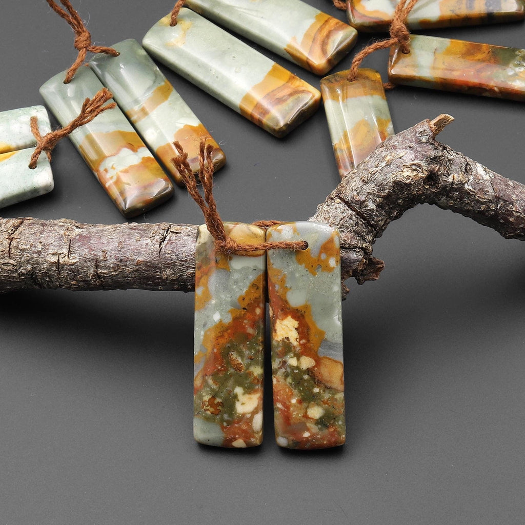 From Oregon Natural Owyhee Picture Jasper Short Rectangle Earrings Drilled Matched Gemstone Beads Pair