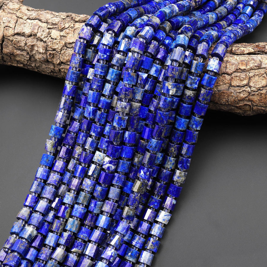 Faceted Natural Blue Lapis Tube Cylinder Rondelle 5mm 6mm Beads 15.5" Strand