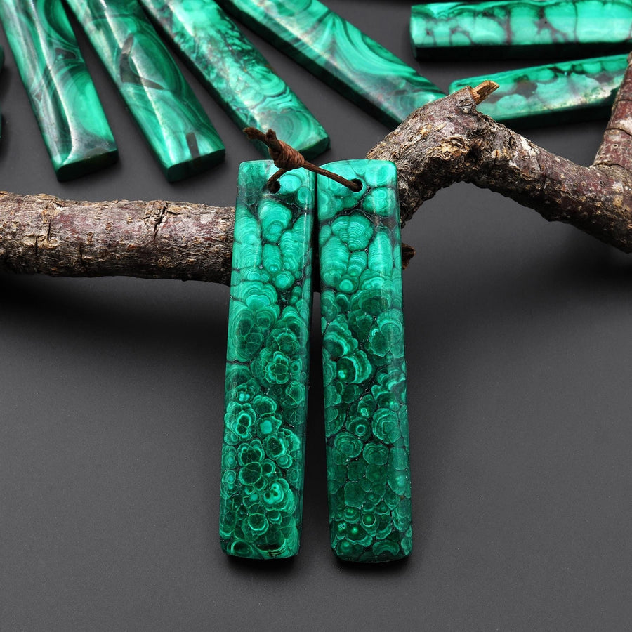 Natural Malachite Earring Rectangle Pair Drilled Matched Gemstone Beads A1