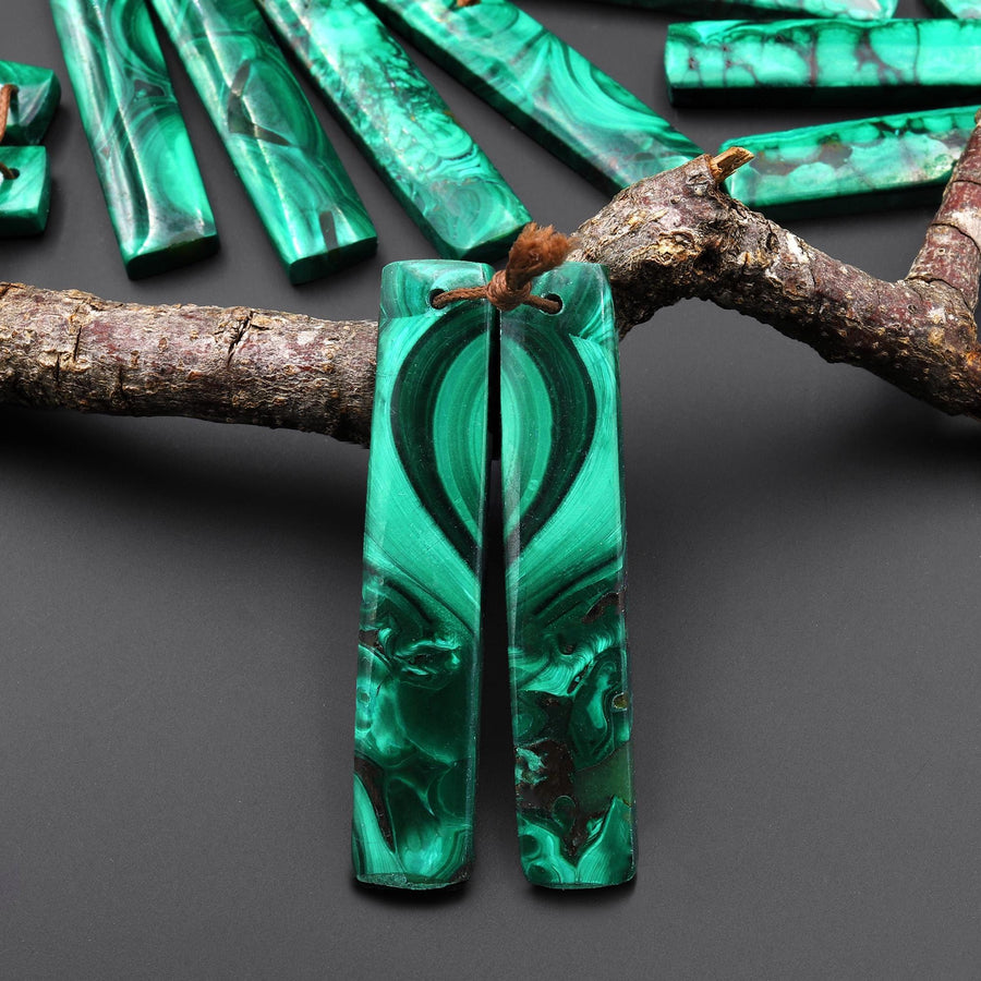 Natural Malachite Earring Rectangle Pair Drilled Matched Gemstone Beads