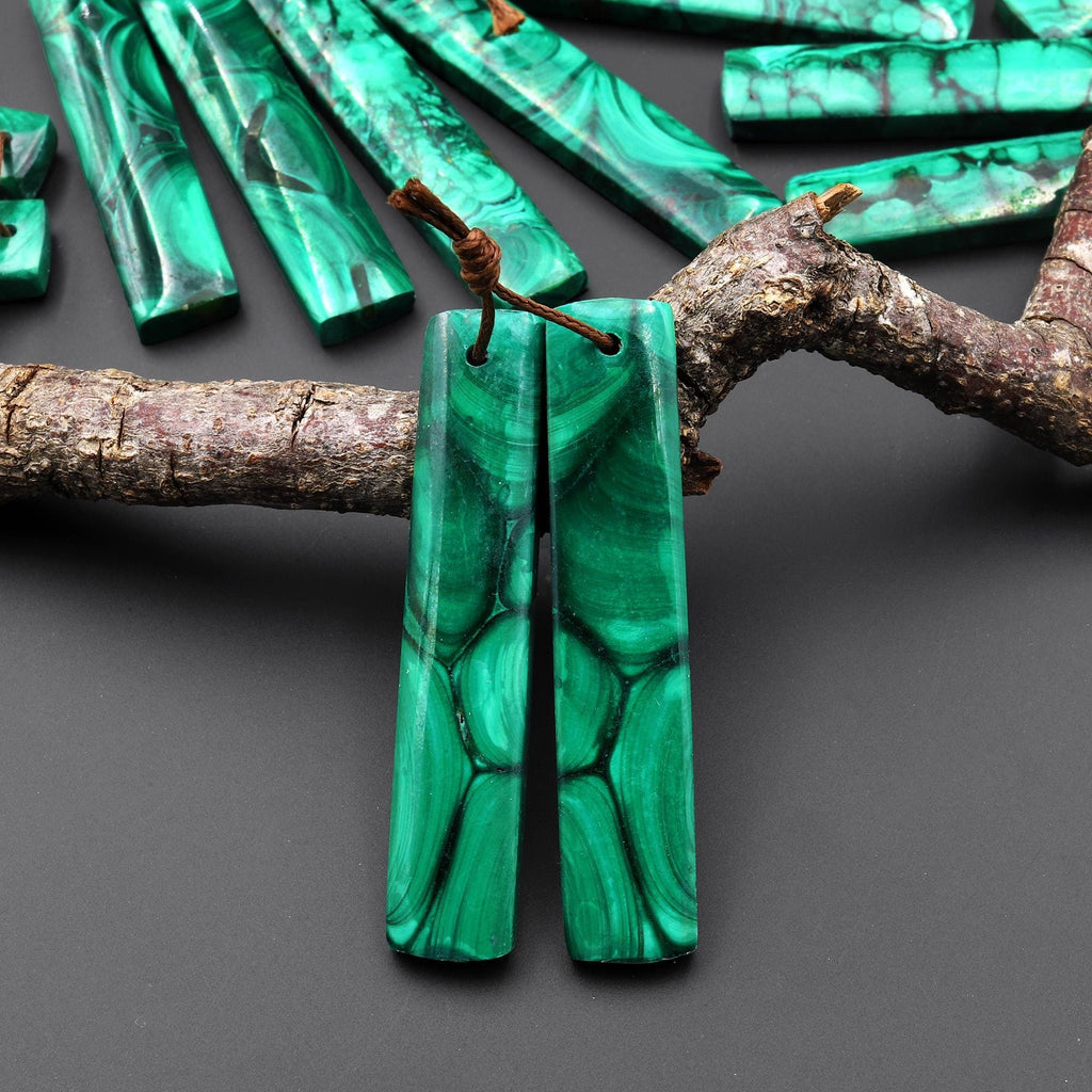 Natural Malachite Earring Rectangle Pair Drilled Matched Gemstone Beads A2