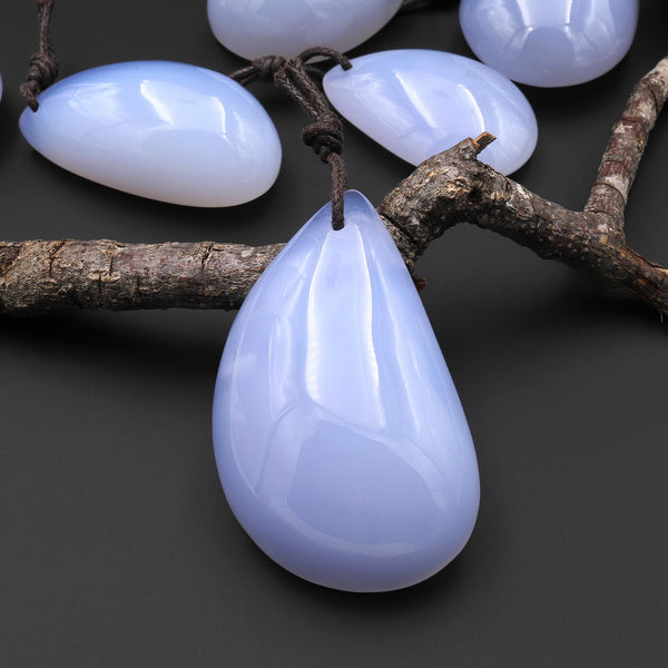 Large Natural Blue Chalcedony Freeform Teardrop Pear Pendant Focal Bead Drilled Highly Polished Gemstone A1