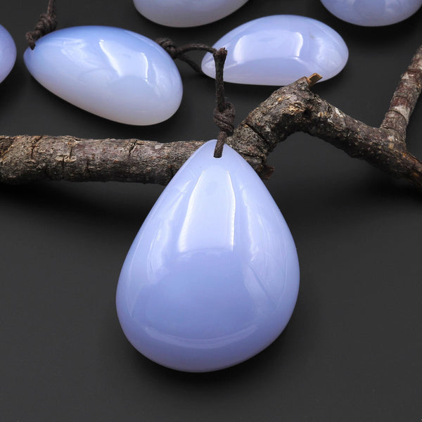 Large Natural Blue Chalcedony Freeform Teardrop Pear Pendant Focal Bead Drilled Highly Polished Gemstone A2