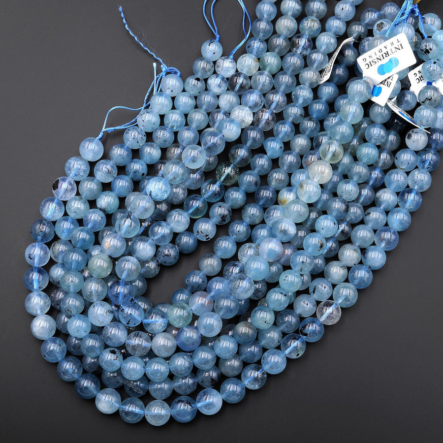 Gemmy Translucent Natural Light Blue Santa Maria Aquamarine 6mm 10mm Smooth Round Beads Gemstone 15.5" Strand