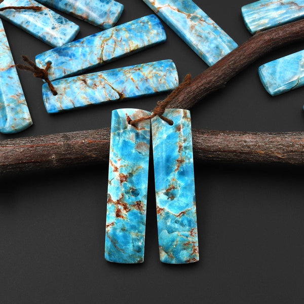 Natural Robin's Egg Turquoise Blue Apatite Rectangle Earrings Drilled Matched Gemstone Beads Pair A1