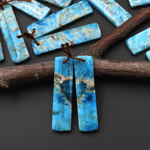 Natural Robin's Egg Turquoise Blue Apatite Rectangle Earrings Drilled Matched Gemstone Beads Pair A5