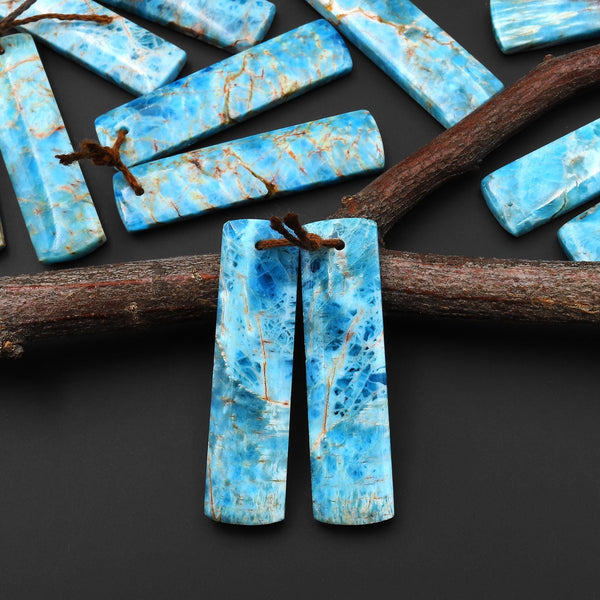 Natural Robin's Egg Turquoise Blue Apatite Rectangle Earrings Drilled Matched Gemstone Beads Pair A7