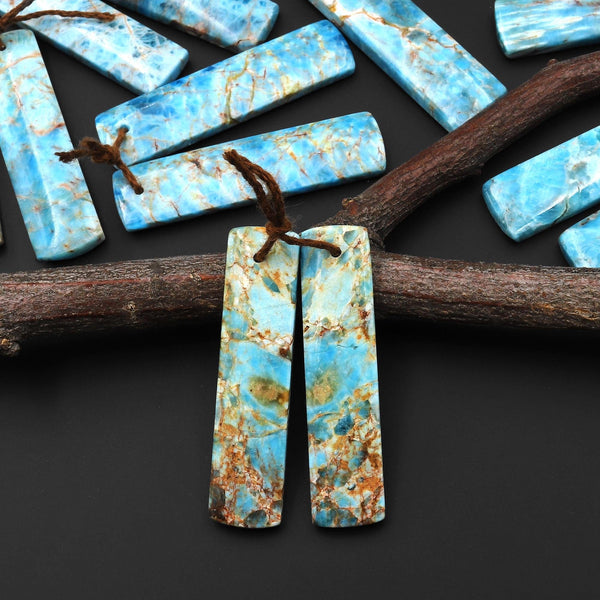 Natural Robin's Egg Turquoise Blue Apatite Rectangle Earrings Drilled Matched Gemstone Beads Pair A8