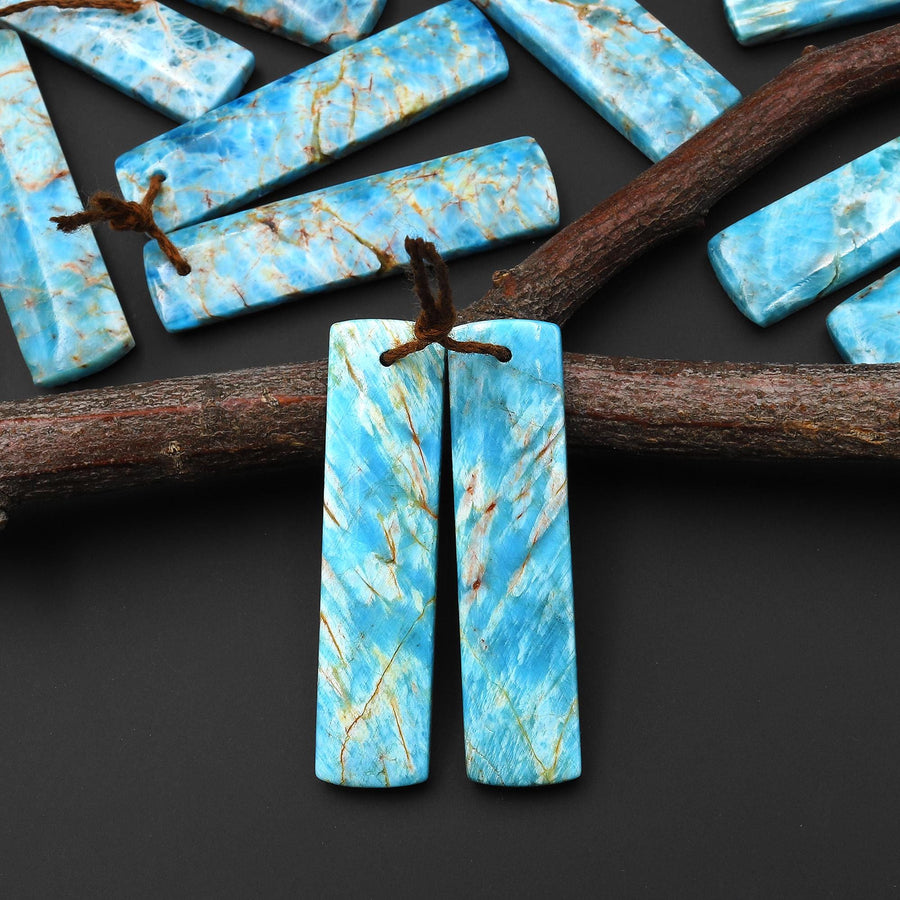 Natural Robin's Egg Turquoise Blue Apatite Rectangle Earrings Drilled Matched Gemstone Beads Pair A9