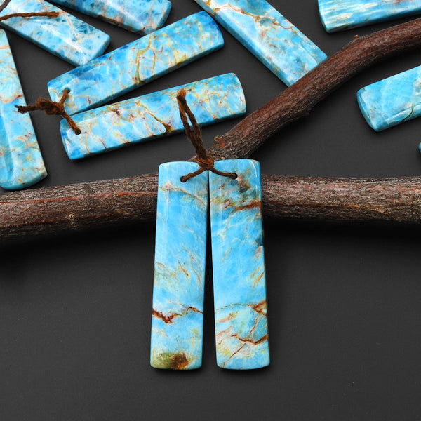 Natural Robin's Egg Turquoise Blue Apatite Rectangle Earrings Drilled Matched Gemstone Beads Pair A10