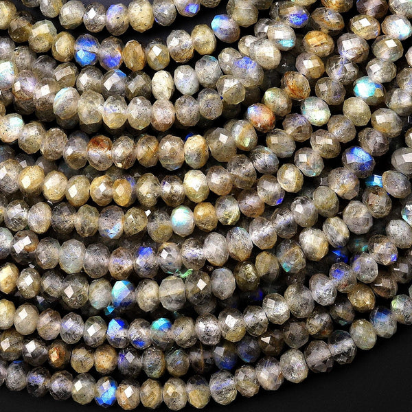 Faceted Natural Yellow Labradorite Faceted 5mm 6mm Rondelle Beads 15.5" Strand