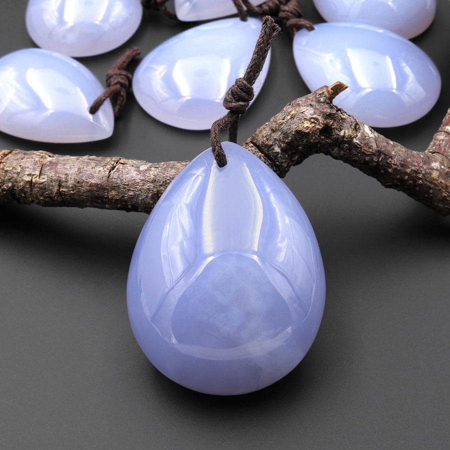 Natural Blue Chalcedony Teardrop Pear Pendant Focal Bead Drilled Highly Polished Gemstone