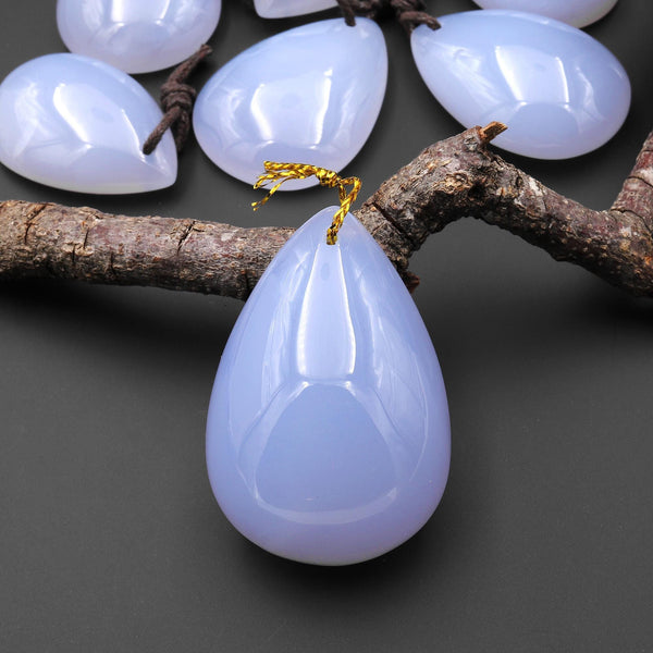 Natural Blue Chalcedony Teardrop Pear Pendant Focal Bead Drilled Highly Polished Gemstone A1