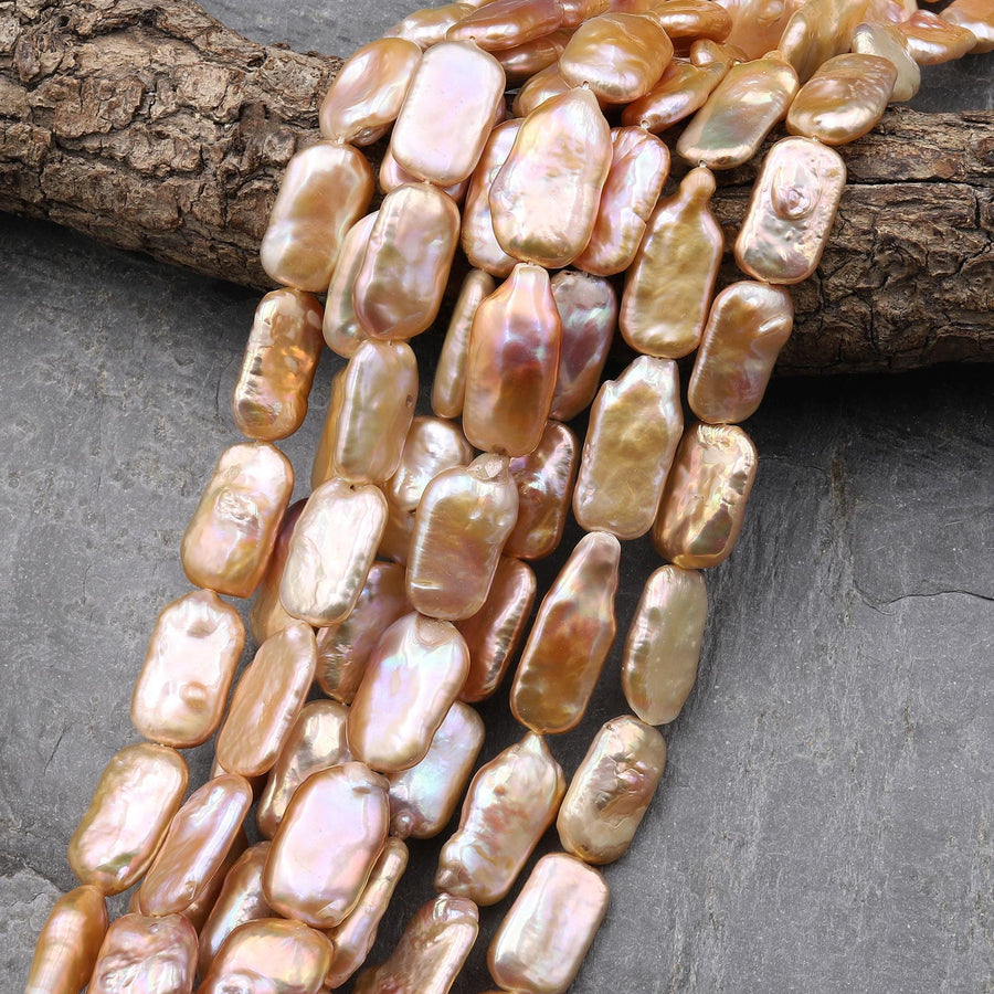 AAA Large Natural Metallic Pink Peach Biwa Rectangle Pearl 15.5" Strand