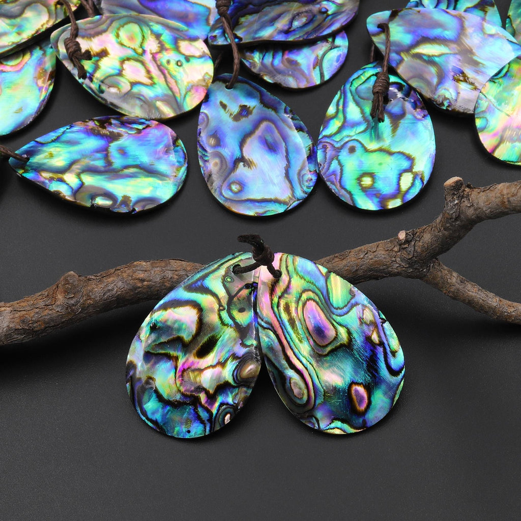 Natural Rainbow Abalone Teardrop Earring Pair Drilled Matched Gemstone Bead Pair A11