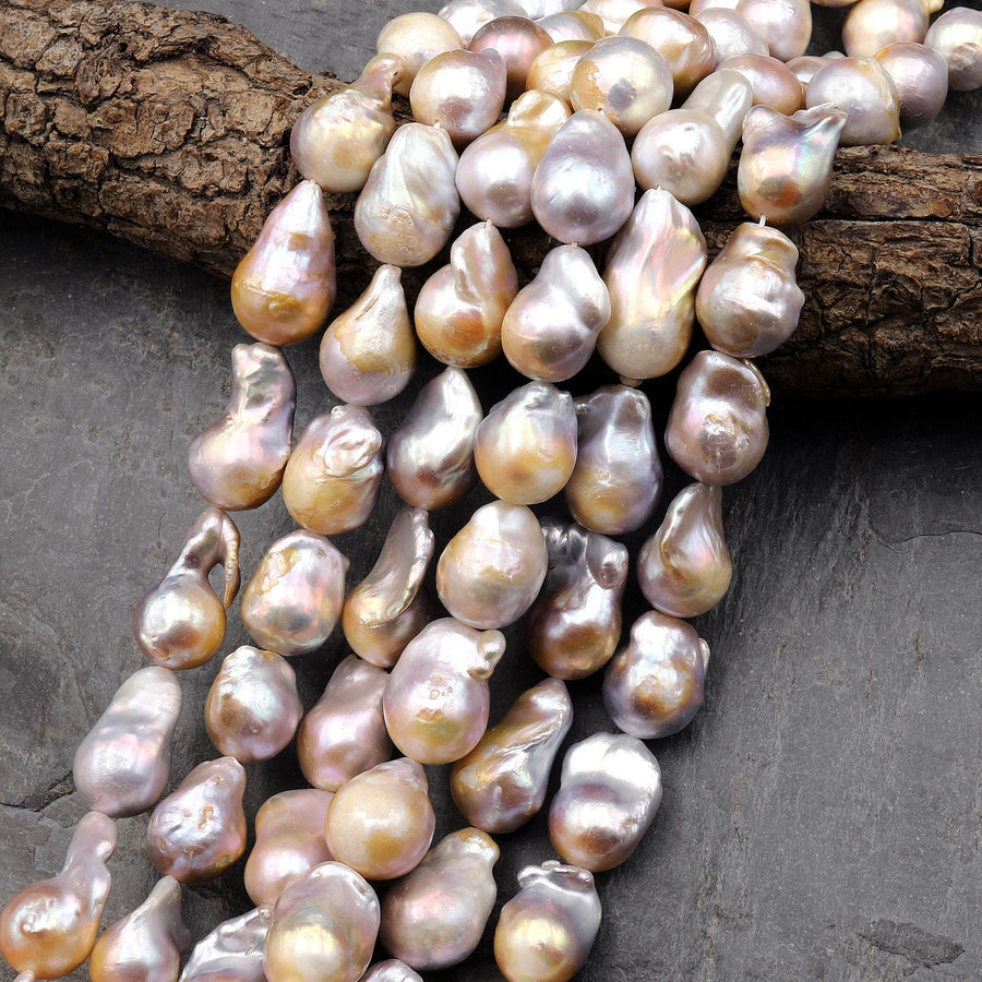 Large Genuine Freshwater Ming Fireball Flameball Baroque Nucleated Pearl Metallic Silver Mauve Purple Golden Apricot 16" Strand