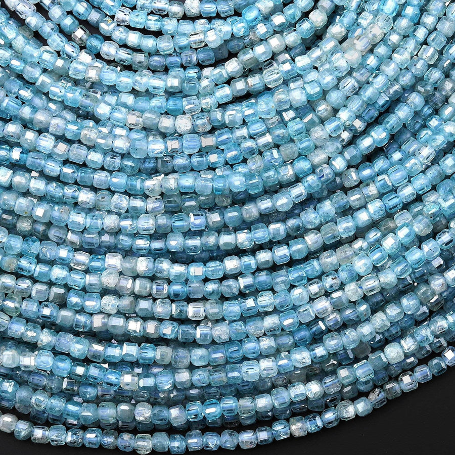 Rare Genuine Faceted Natural Blue Zircon 3mm Cube Beads Gemstone 15.5" Strand