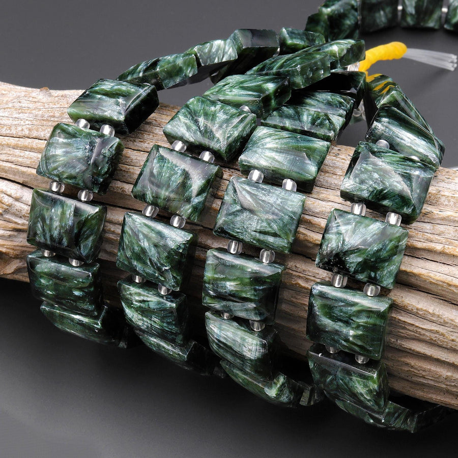 AAA Double Drilled Natural Russian Seraphinite Domed Rectangle Tile Bracelet 8" Strand