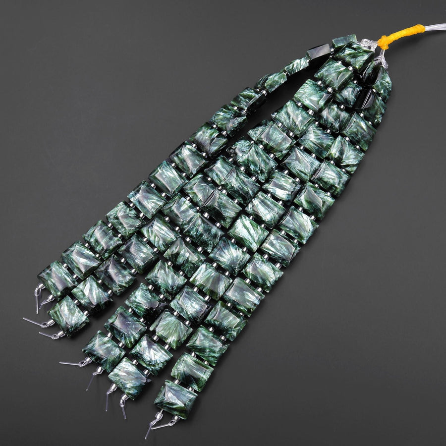 AAA Double Drilled Natural Russian Seraphinite Domed Rectangle Tile Bracelet 8" Strand