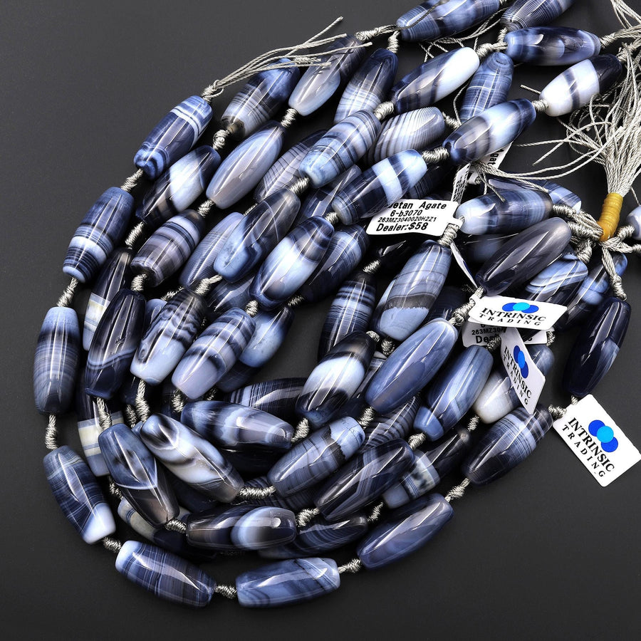 AAA Gray Blue Tibetan Dzi Agate Barrel Drum Cylinder Tube 30mm Beads Amazing Veins Bands 14" Strand