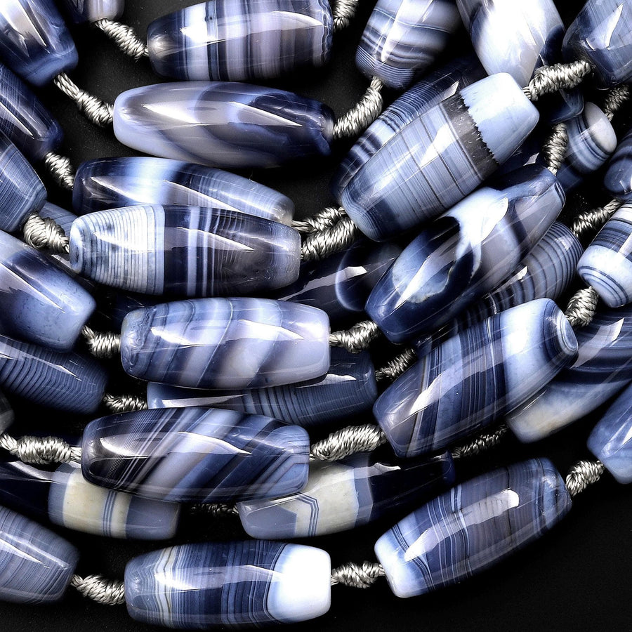 AAA Gray Blue Tibetan Dzi Agate Barrel Drum Cylinder Tube 30mm Beads Amazing Veins Bands 14" Strand