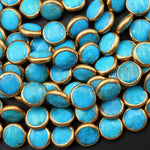 Genuine Natural Blue Turquoise Gold Copper Edging Coin 12mm Beads Choose from 5pcs, 10pcs, 16" Strand