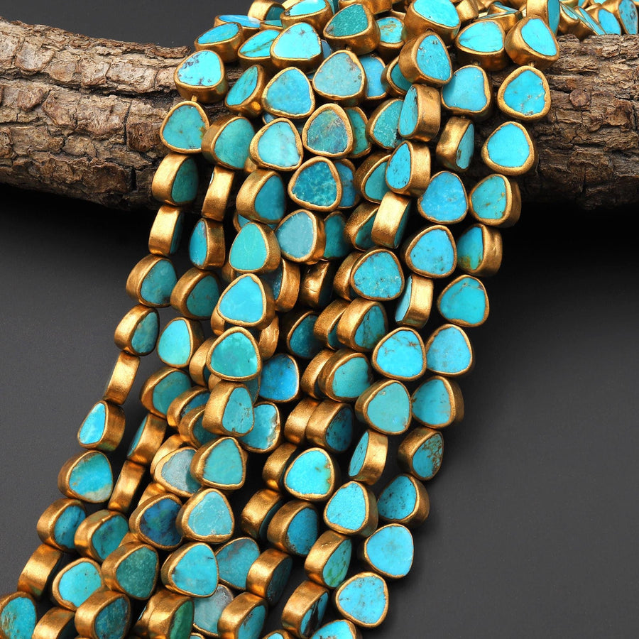 Genuine Natural Aqua Blue Green Turquoise Gold Copper Edging Triangle 10mm Beads Choose from 5pcs, 10pcs 15.5" Strand