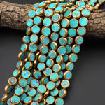 Genuine 100% Natural Aqua Blue Greem Turquoise Gold Copper Edging Flat Coin 12mm Beads Choose from 5pcs, 10pcs, Handmade 16" Strand