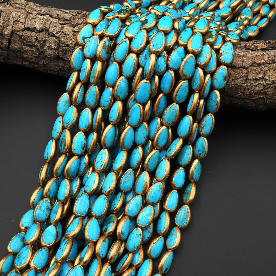 Real Natural Blue Turquoise Gold Copper Edging Teardrop Beads Choose from 5pcs, 10pcs 15.5" Strand