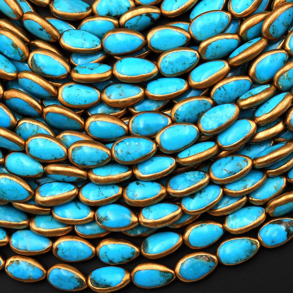 Real Natural Blue Turquoise Gold Copper Edging Teardrop Beads Choose from 5pcs, 10pcs 15.5" Strand