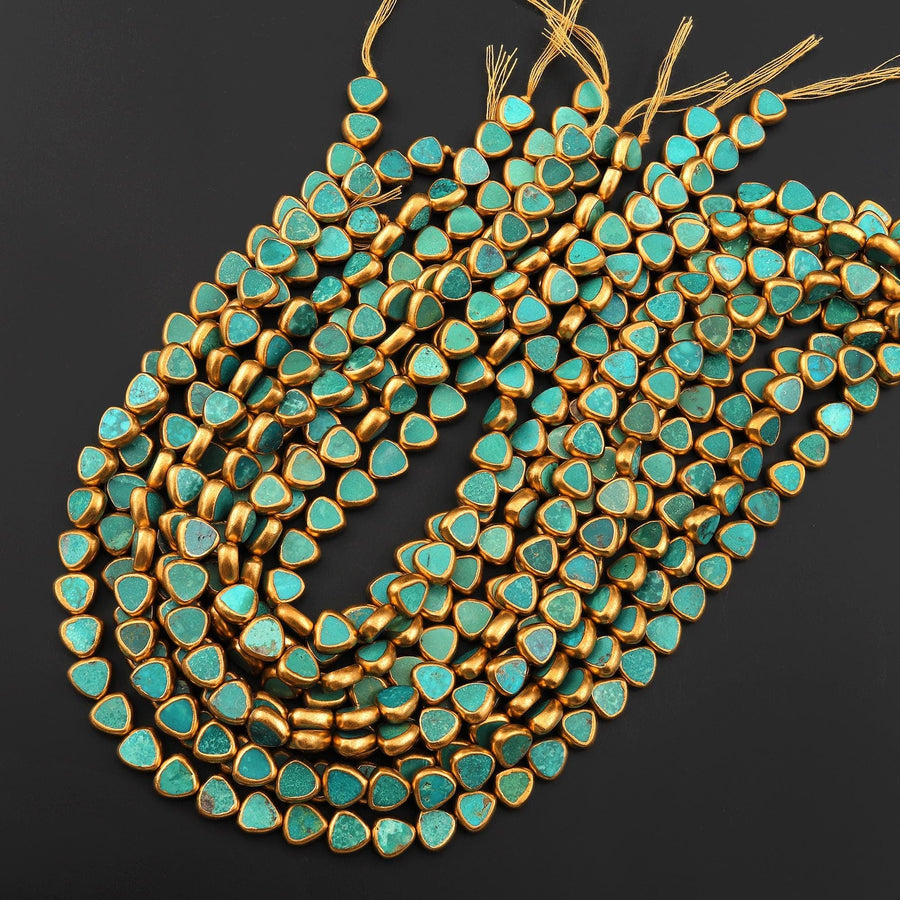 Genuine Natural Aqua Blue Green Turquoise Gold Copper Edging Triangle 10mm Beads Choose from 5pcs, 10pcs 15.5" Strand