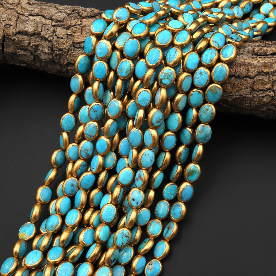 Genuine 100% Natural Arizona Sky Blue Turquoise Gold Copper Edging Oval Beads Choose from 5pcs, 10pcs 16" Strand