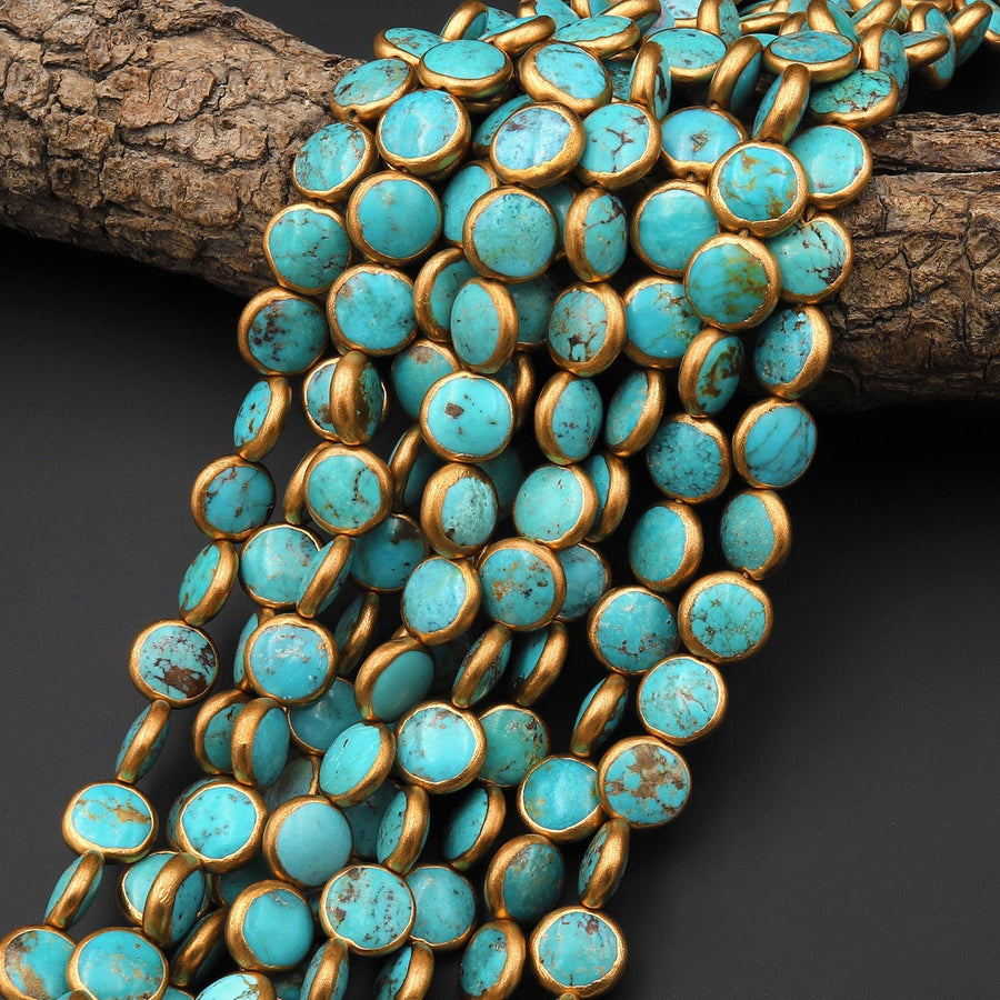 Genuine Natural Aqua Blue Green Turquoise Gold Copper Edging Coin 12mm Beads Choose from 5pcs, 10pcs, 16" Strand