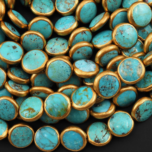 Genuine Natural Aqua Blue Green Turquoise Gold Copper Edging Coin 12mm Beads Choose from 5pcs, 10pcs, 16" Strand