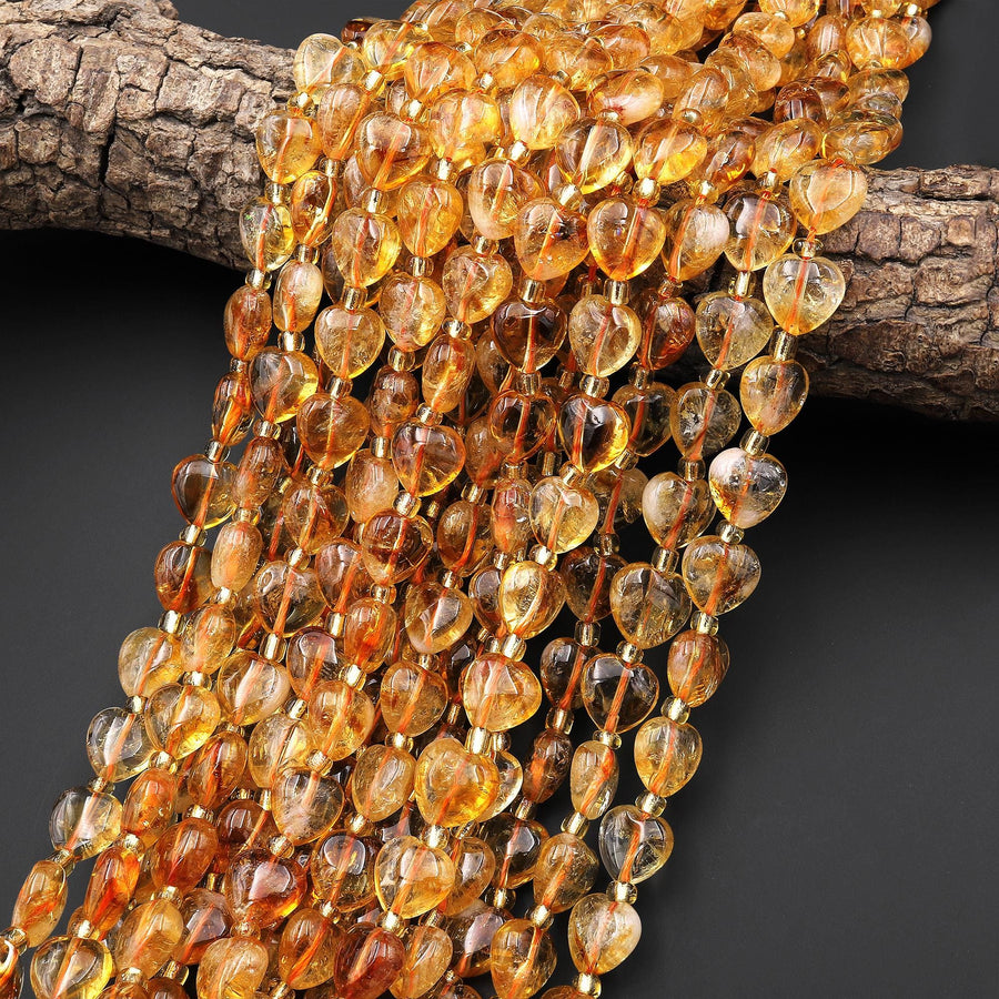 AAA Natural Golden Citrine Smooth Heart Beads 12mm Gemstone 15.5" Strand